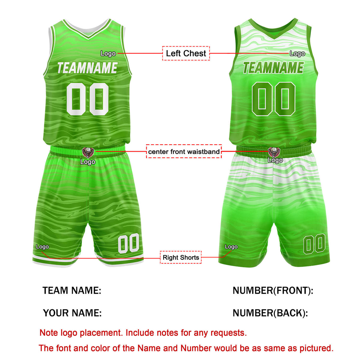 Custom Reversible Solid Green & White Wave Basketball Jersey Set - Personalized Team Name, Number & LOGO | Vosoli