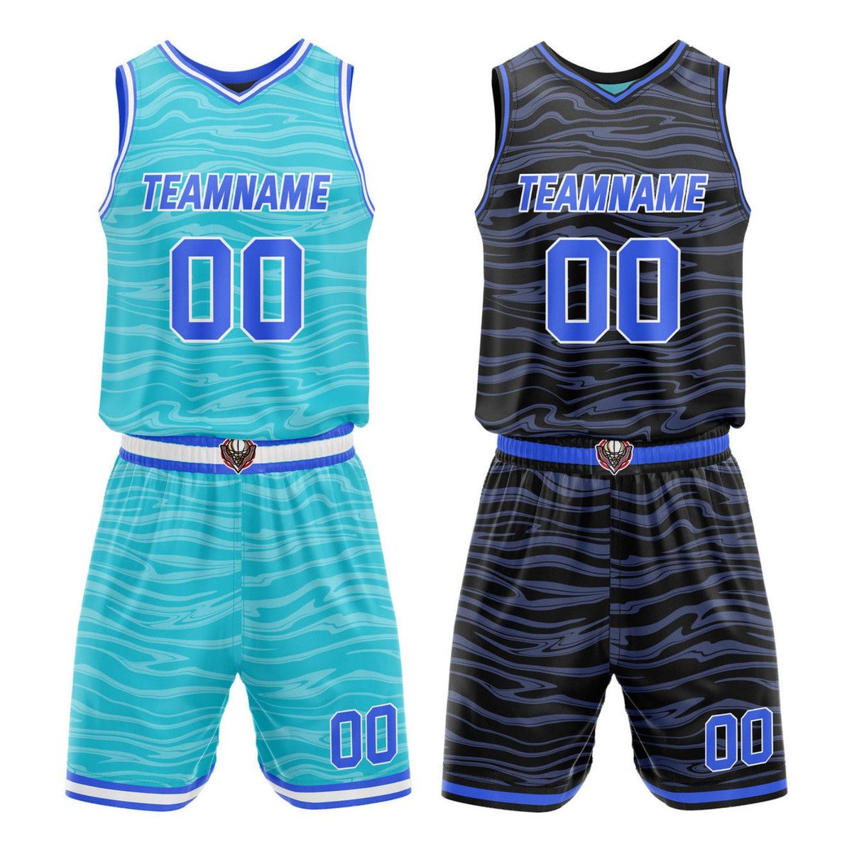 Custom Reversible Teal &amp; Black with Blue Waves Basketball Jersey Set - Personalized Name, Number &amp; LOGO | Vosoli