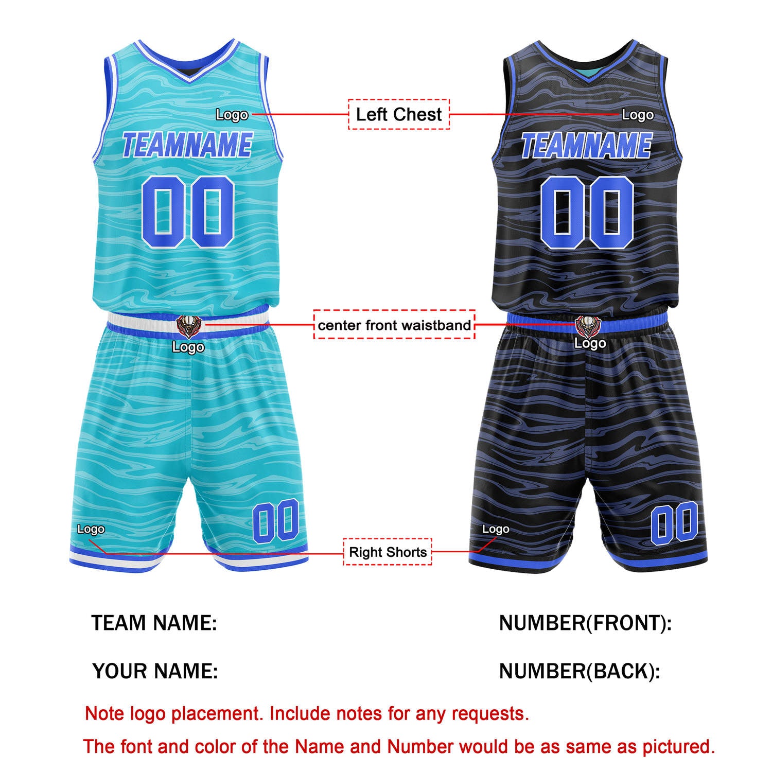 Custom Reversible Teal & Black with Blue Waves Basketball Jersey Set - Personalized Name, Number & LOGO | Vosoli