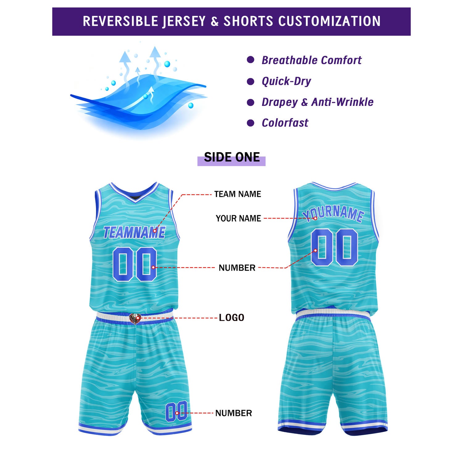 Custom Reversible Teal & Black with Blue Waves Basketball Jersey Set - Personalized Name, Number & LOGO | Vosoli