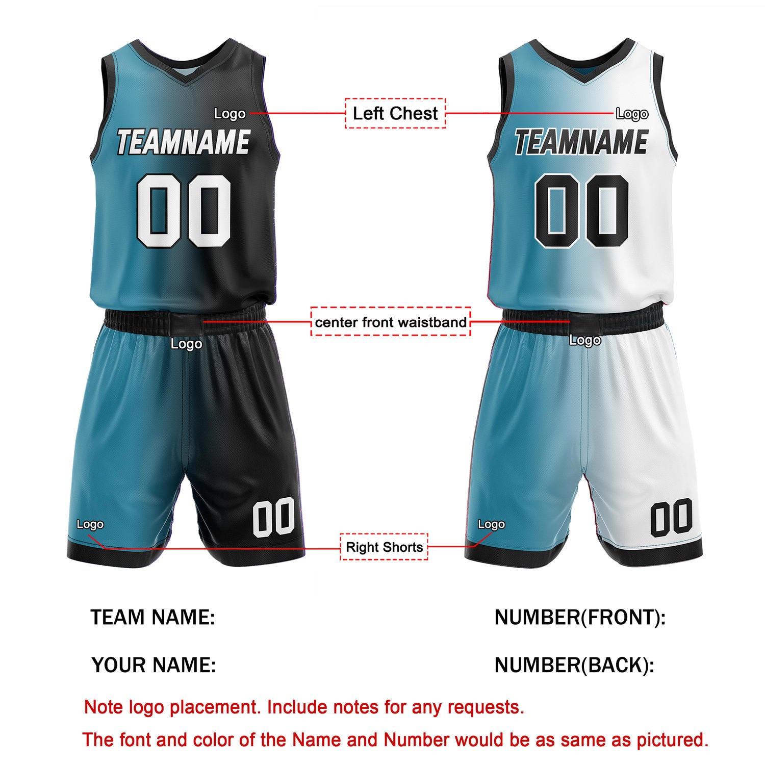 Custom Reversible Teal Black White Basketball Uniform Set | Team & Player Name - Vosoli