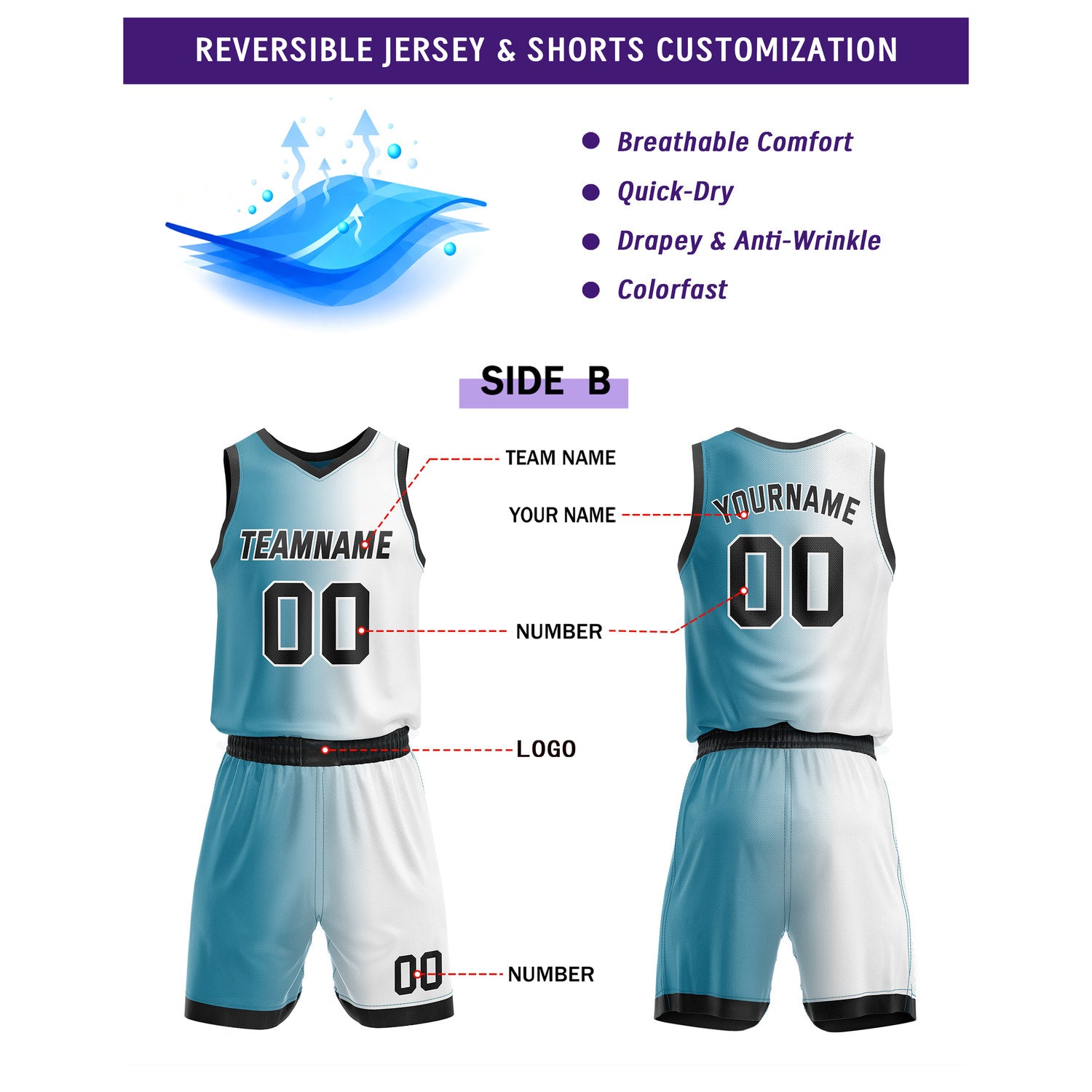 Custom Reversible Teal Black White Basketball Uniform Set | Team & Player Name - Vosoli