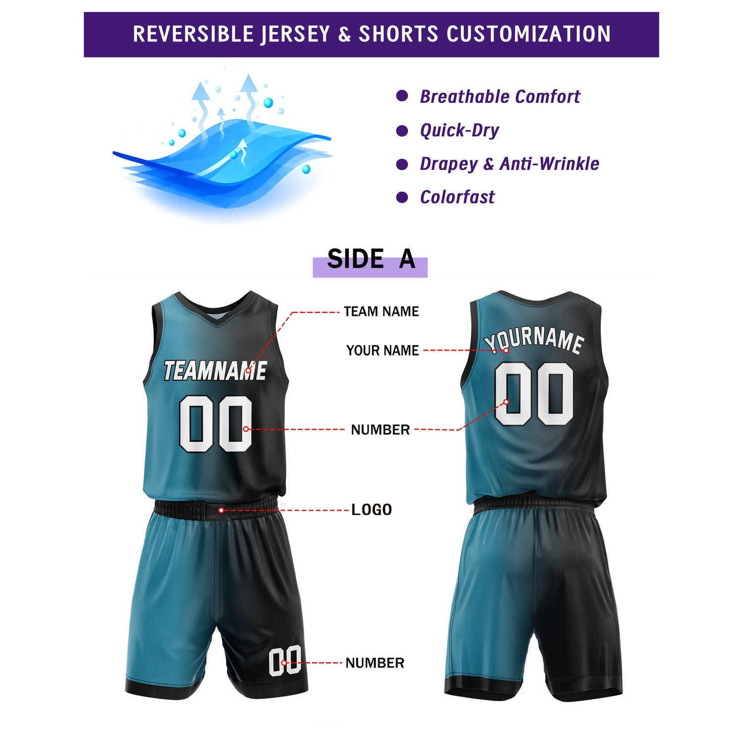 Custom Reversible Teal Black White Basketball Uniform Set | Team & Player Name - Vosoli