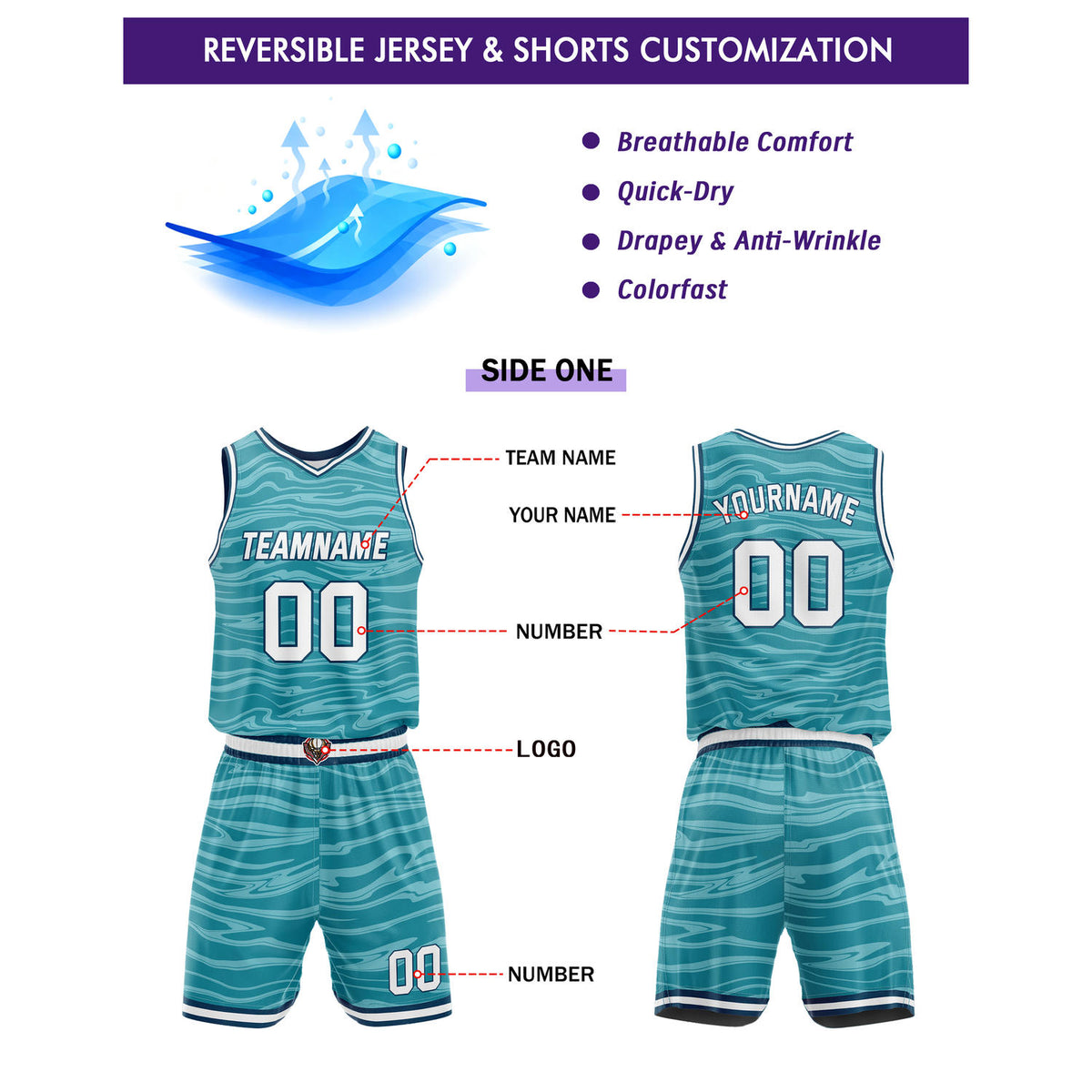 Custom Reversible Teal & Blue-Purple Wave Basketball Jersey Set - Personalized Team Name, Number & LOGO | Vosoli