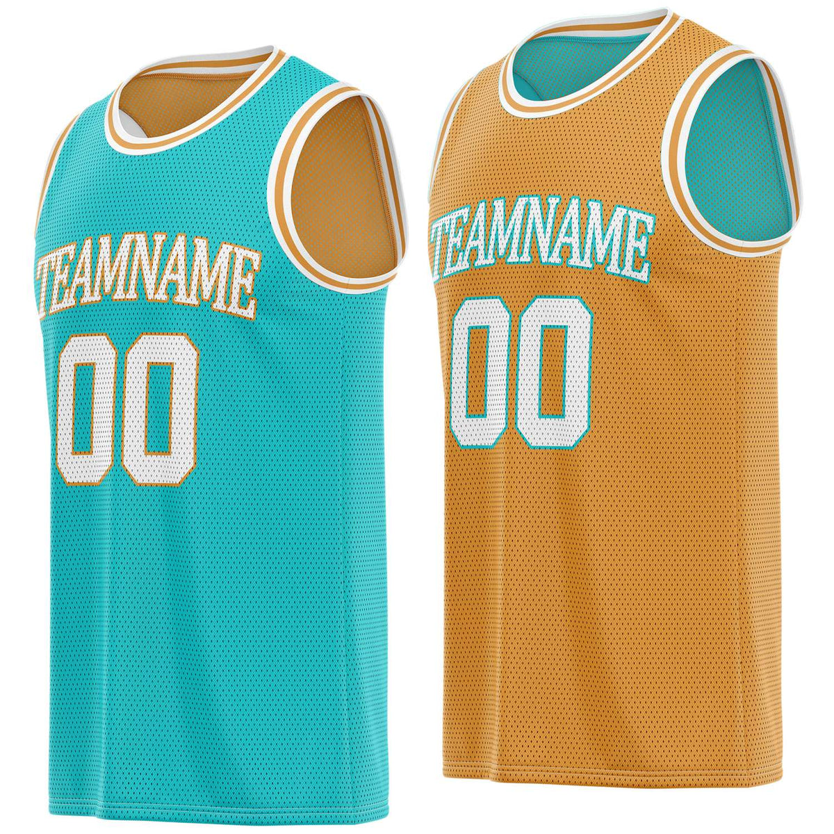 Custom reversible teal &amp; gold basketball jersey, personalized team name number logo breathable mesh sports top for men women youth game practice - Vosoli
