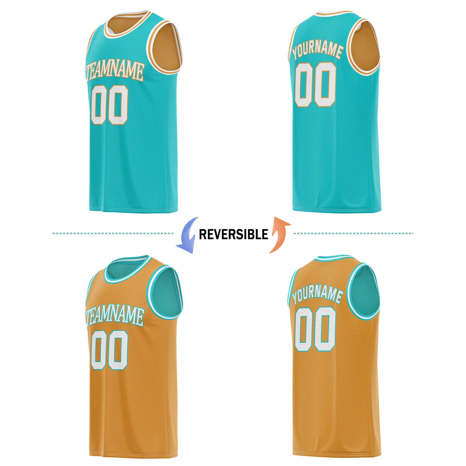 Custom reversible teal & gold basketball jersey, personalized team name number logo breathable mesh sports top for men women youth game practice - Vosoli