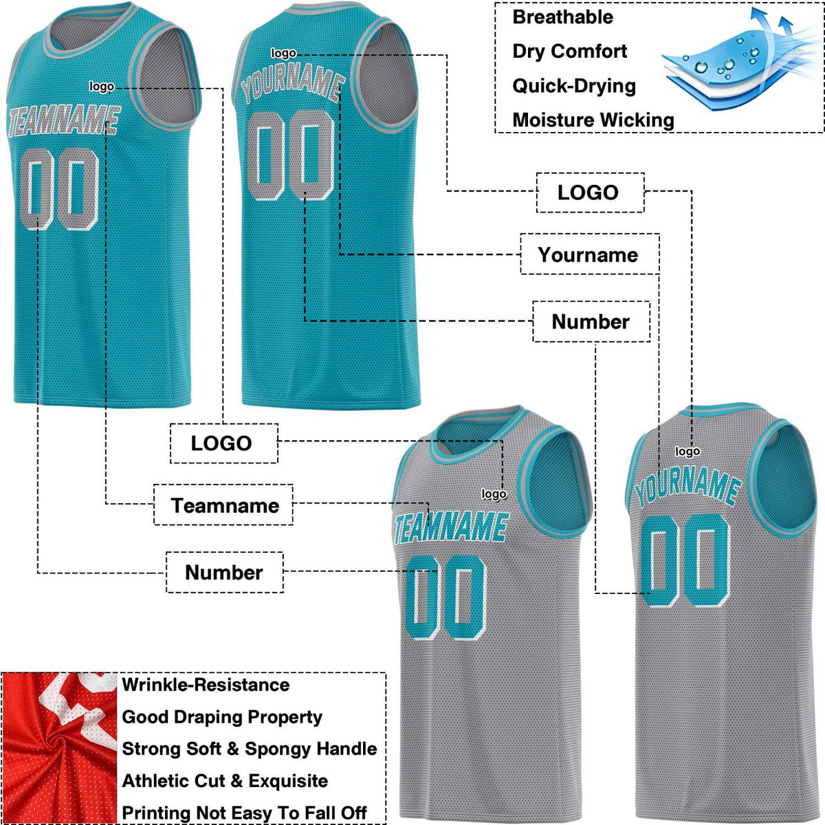Custom Reversible Teal & Grey Mesh Basketball Jersey | Personalized Team Jersey | Vosoli