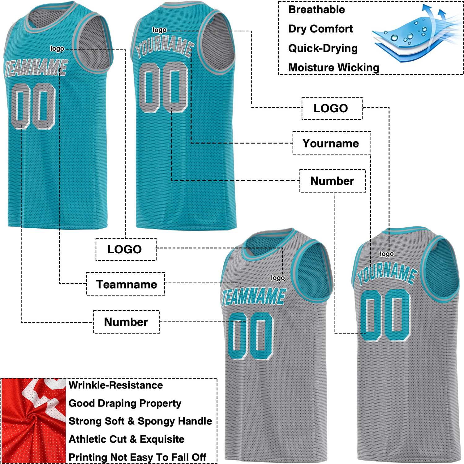 Custom reversible teal grey basketball jersey, personalized team name number Logo breathable Mesh sports top for men women youth game practice - Vosoli