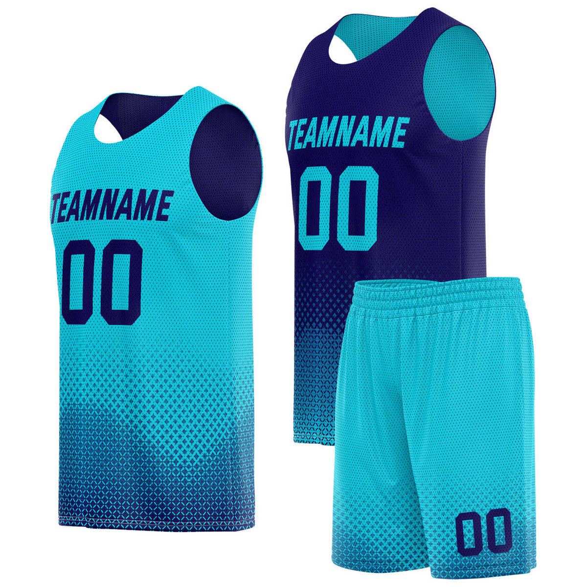 Custom reversible teal navy basketball uniform, personalized team name number logo breathable Mesh sports set for men women youth game practice wear - Vosoli