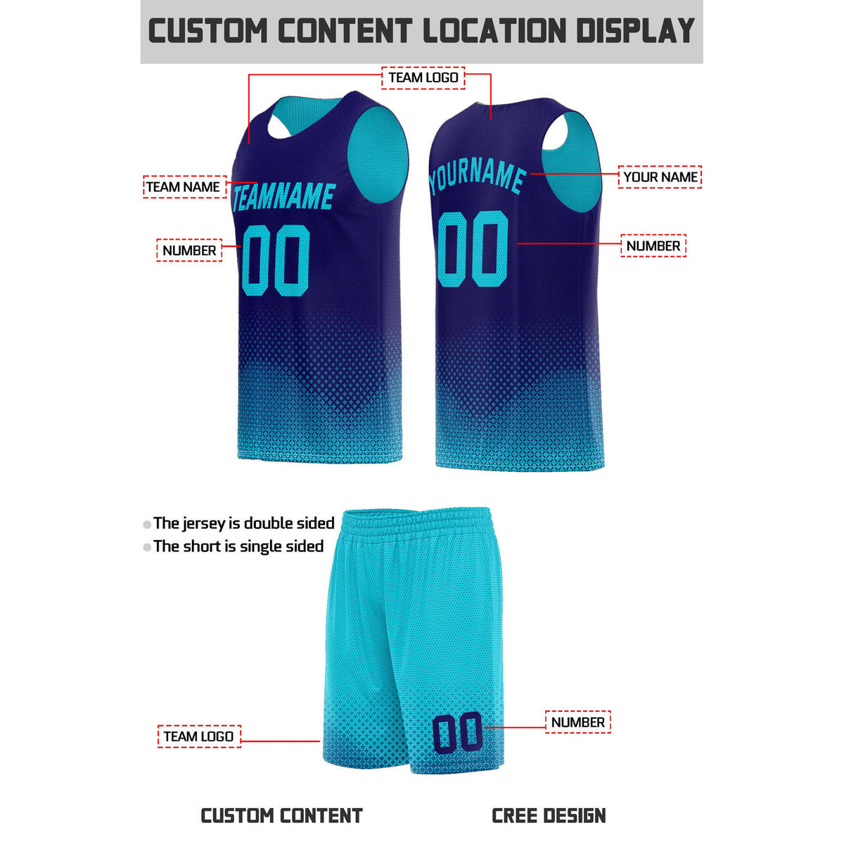 Custom Reversible Teal & Navy Mesh Basketball Uniform | Personalized Team Set | Vosoli
