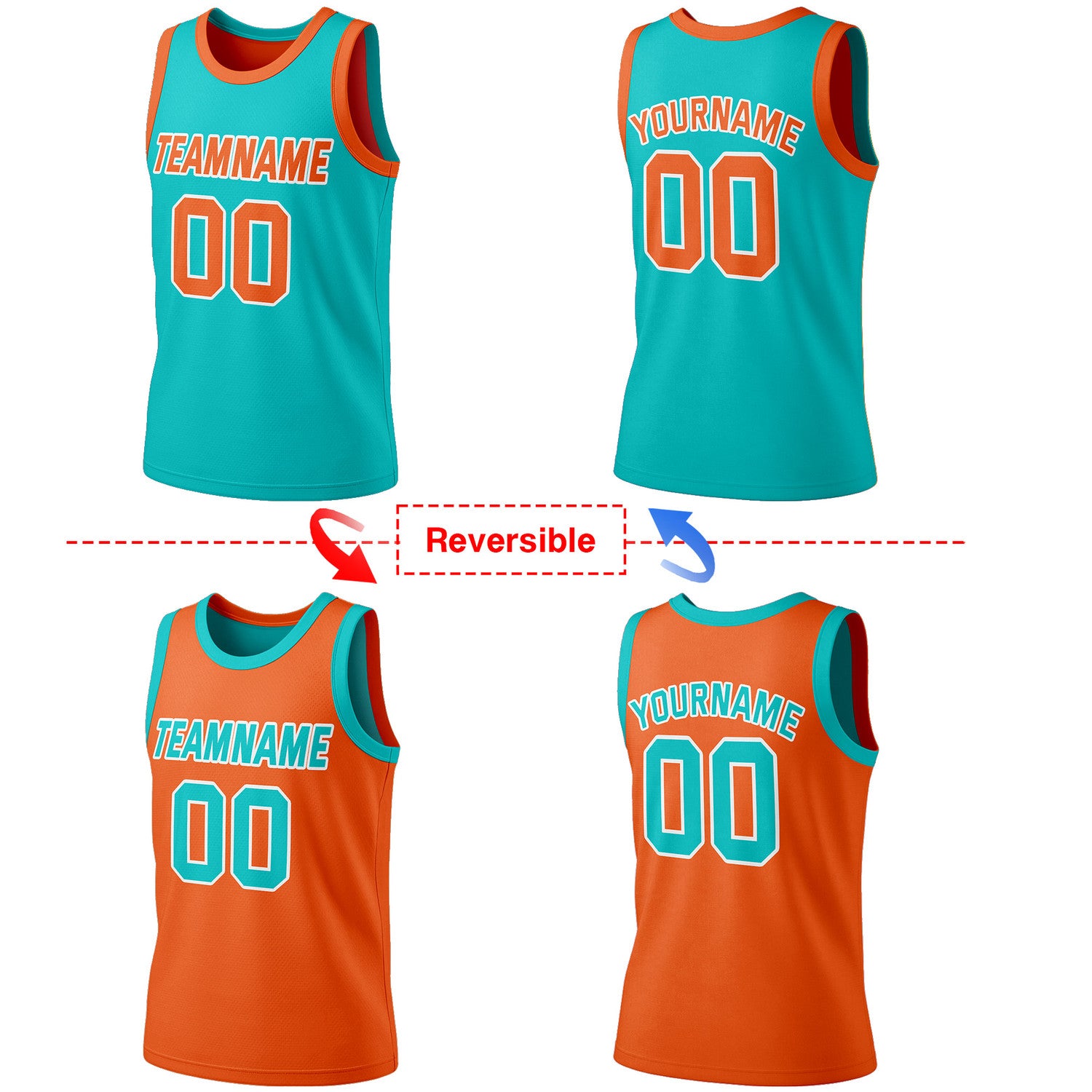 Custom reversible teal & orange basketball jersey, personalized team name number logo, breathable mesh fabric sports top for men women youth Adult game practice - Vosoli