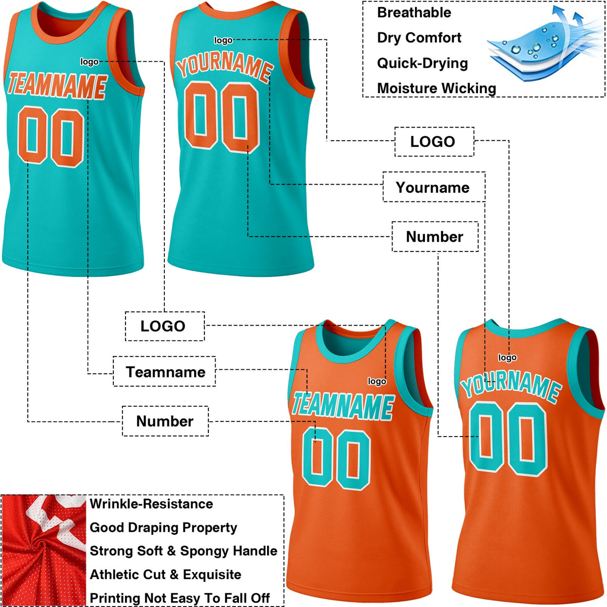 Custom Reversible Teal & Orange Basketball Jersey | Personalized Team Jersey | Vosoli