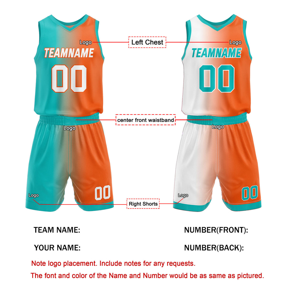 Custom Reversible Teal Orange White Basketball Uniform Set | Team & Player Name - Vosoli