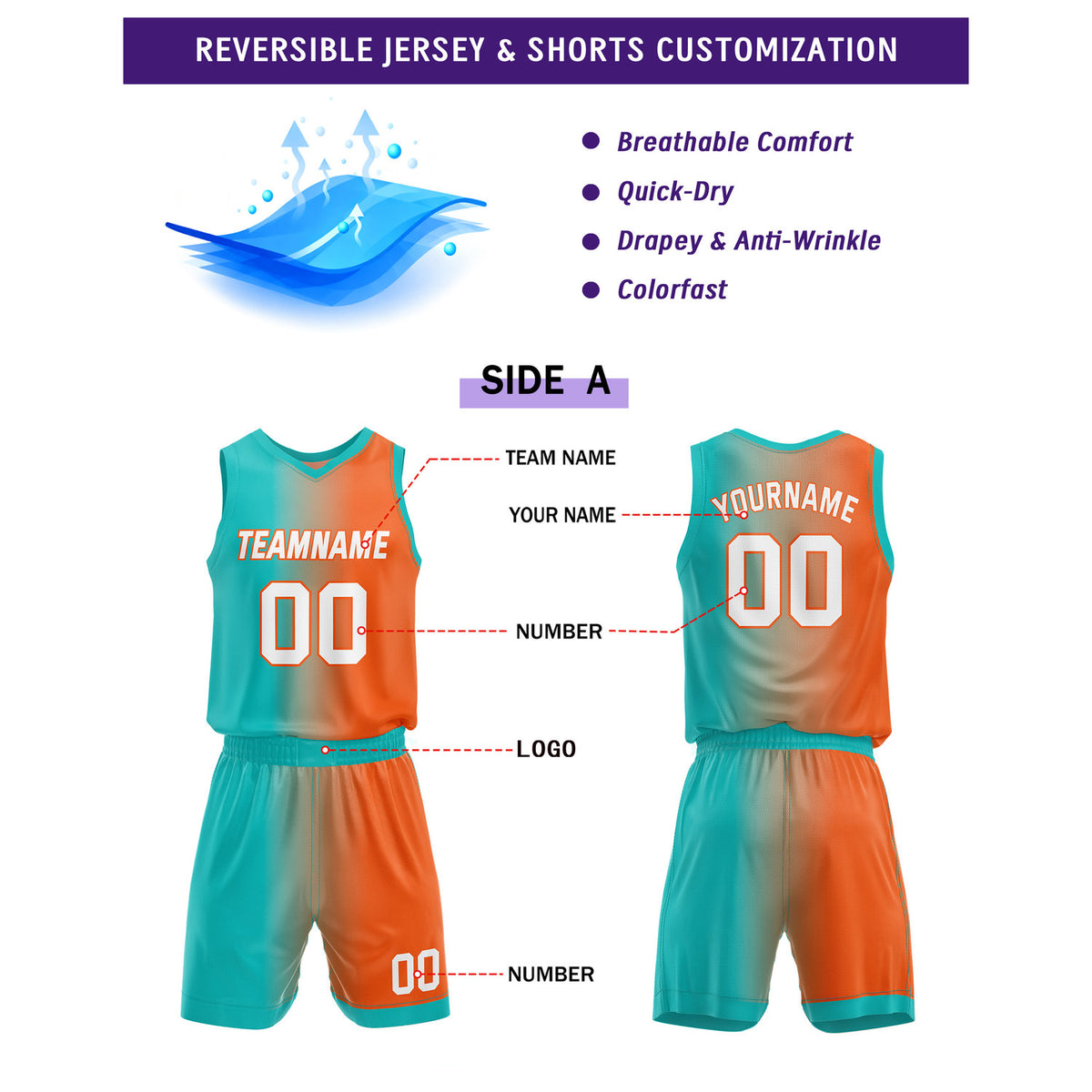 Custom Reversible Teal Orange White Basketball Uniform Set | Team & Player Name - Vosoli