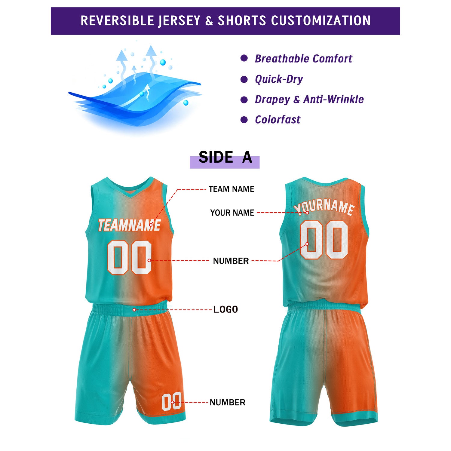 Custom Reversible Teal Orange White Basketball Uniform Set | Team & Player Name - Vosoli
