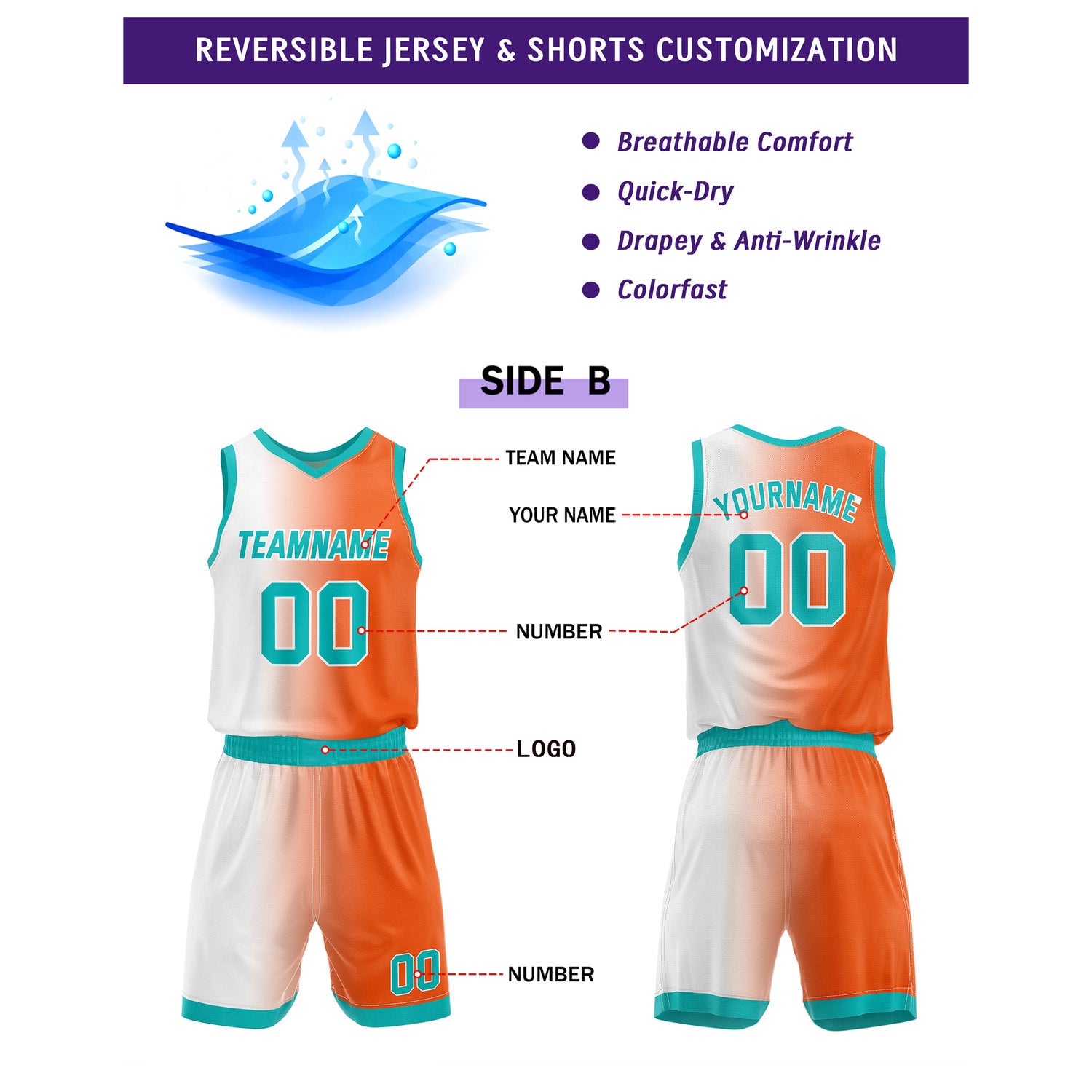 Custom Reversible Teal Orange White Basketball Uniform Set | Team & Player Name - Vosoli