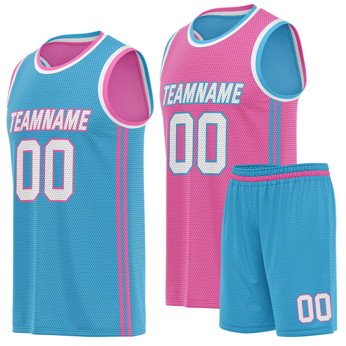 Custom reversible teal &amp; pink basketball uniform (jersey + shorts), personalized team name number logo breathable mesh sports set for men women youth game practice - Vosoli