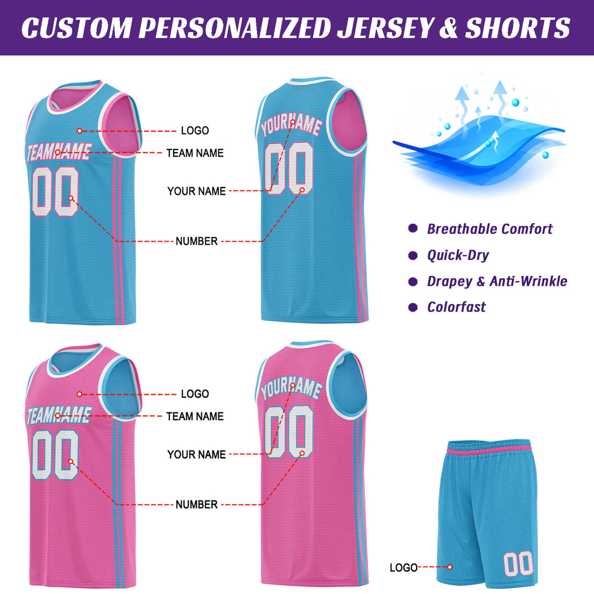 Custom Reversible Teal & Pink Basketball Uniform | Jersey & Shorts Set - Vosoli