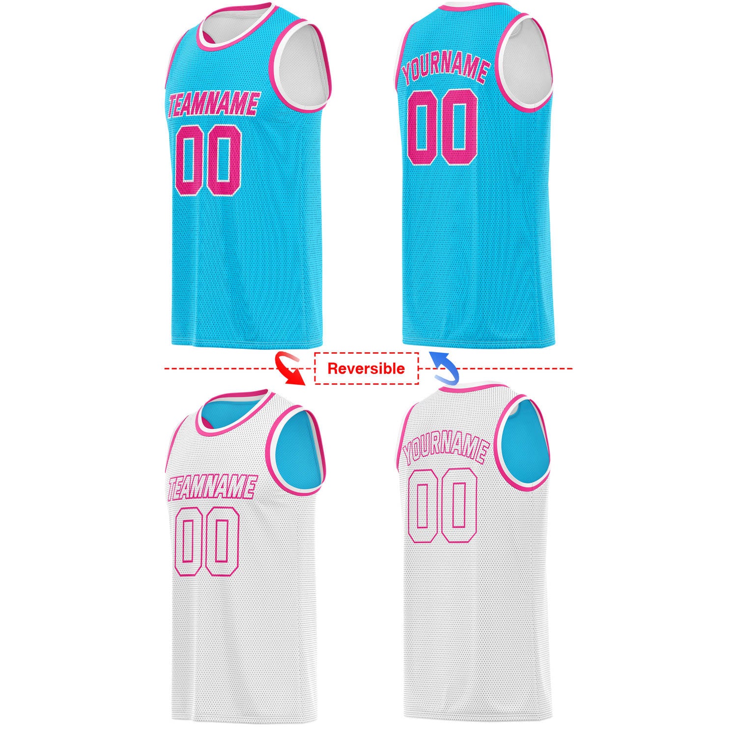 Custom reversible teal pink white basketball jersey, personalized team name number Logo breathable Mesh sports top for men women youth game practice - Vosoli