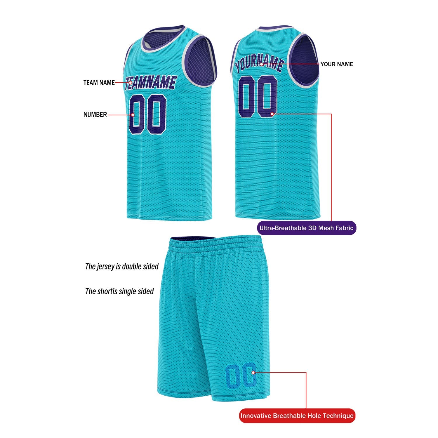 Custom Reversible Teal & Purple Basketball Uniform (Jersey + Shorts) | Personalized Team Set | Vosoli