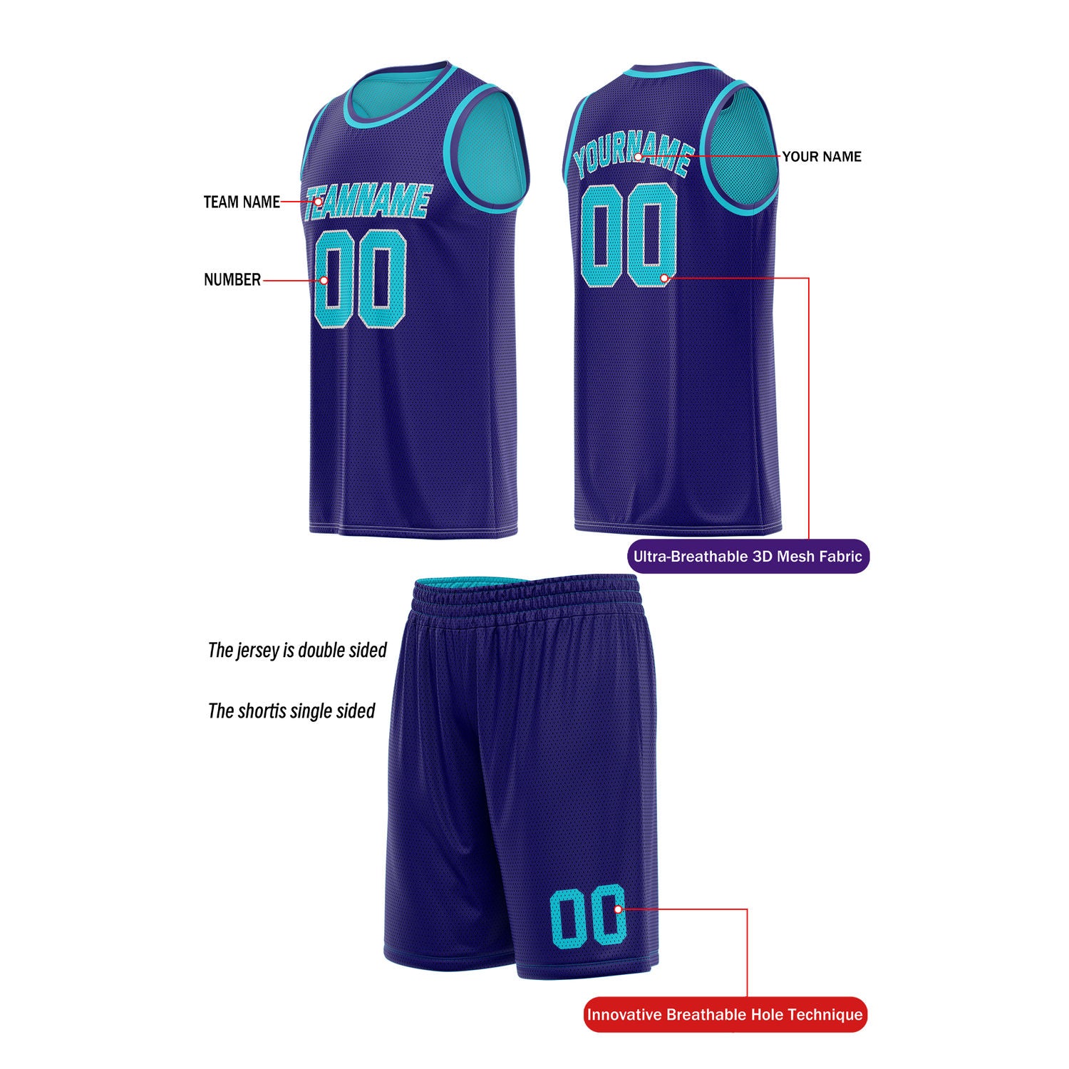 Custom Reversible Teal & Purple Basketball Uniform (Jersey + Shorts) | Personalized Team Set | Vosoli