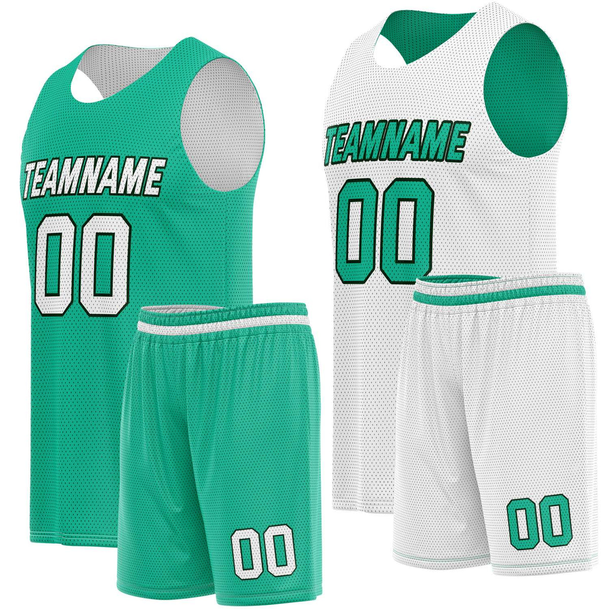 Custom Reversible Teal White Basketball Jersey Shorts Set, Personalized Team Name Number, Breathable Mesh Uniform for Men Women Youth