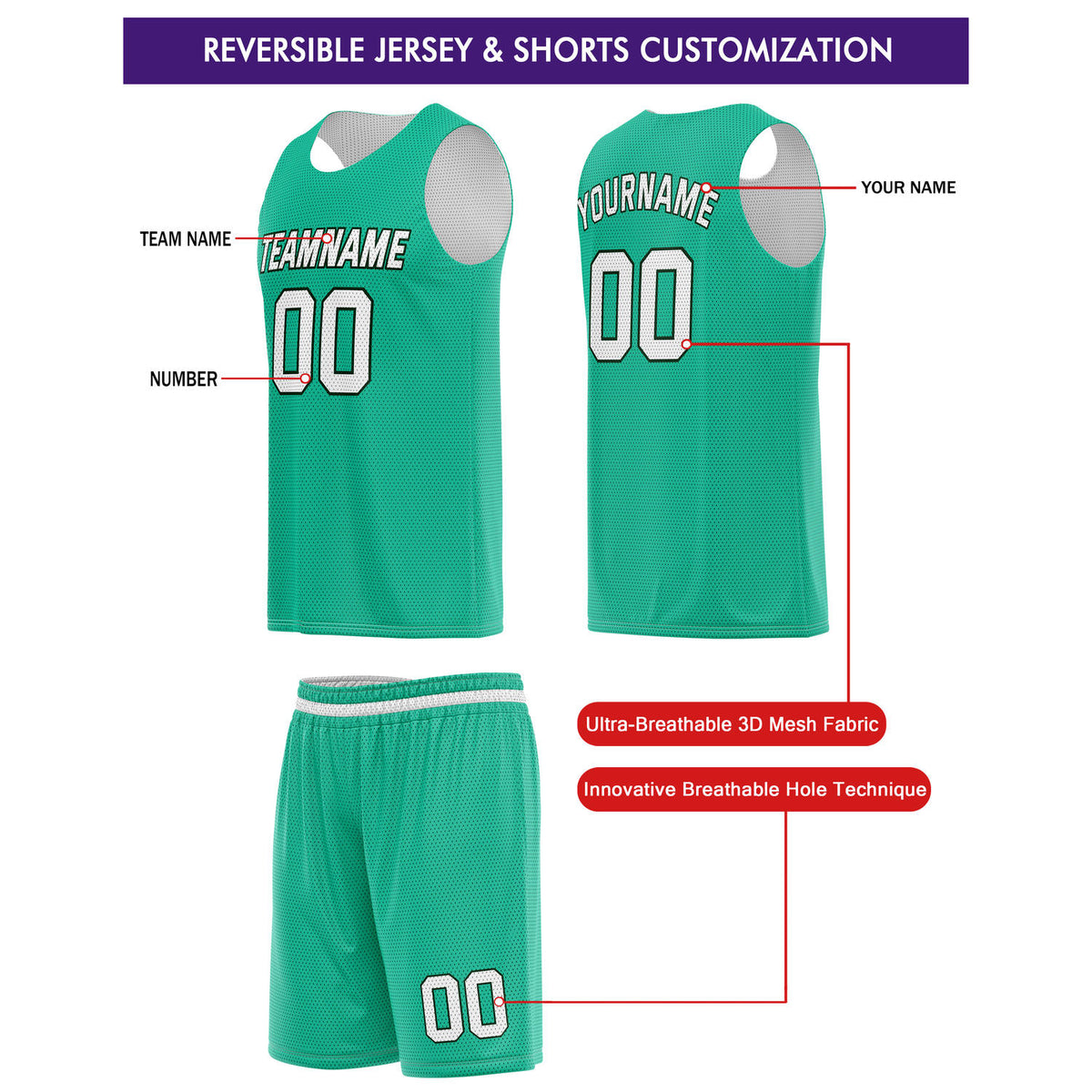 Custom Reversible Teal White Basketball Jersey & Shorts Set | Personalized Team Kit | Vosoli