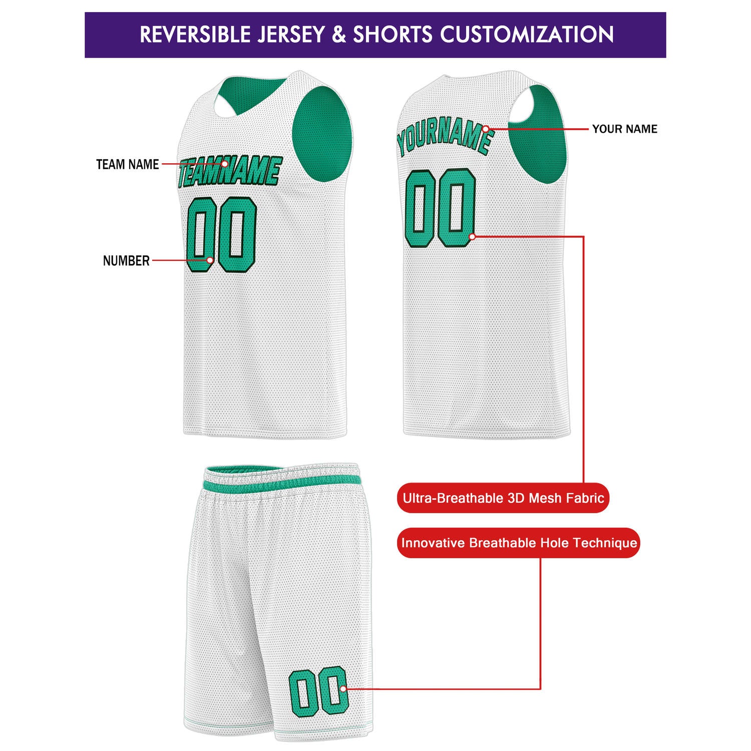 Custom Reversible Teal White Basketball Jersey & Shorts Set | Personalized Team Kit | Vosoli