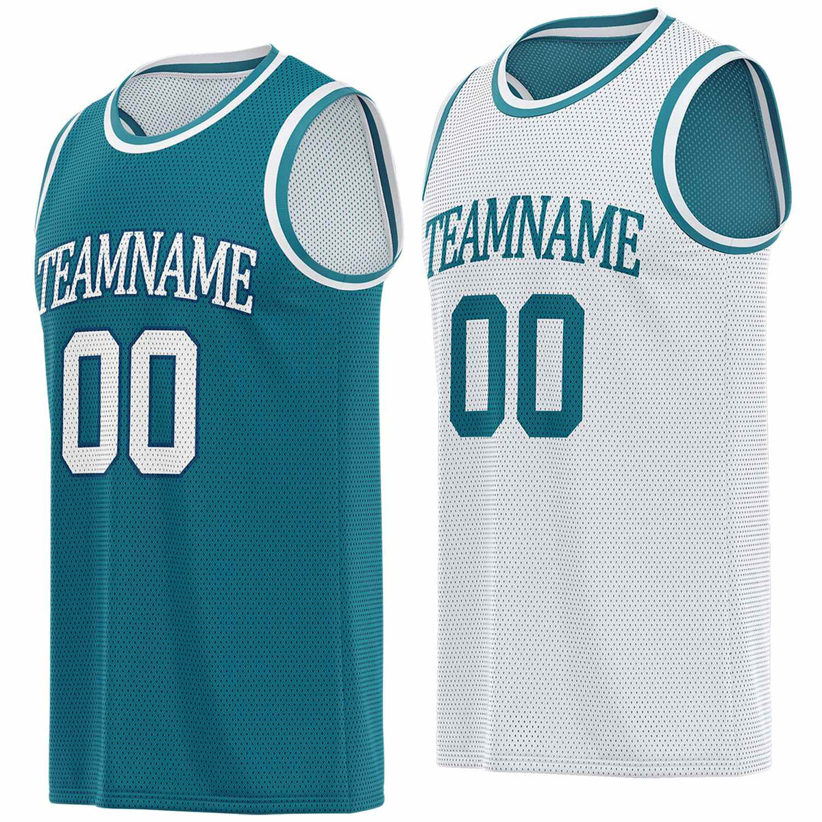 Custom reversible teal &amp; white basketball jersey, personalized team name number logo breathable mesh sports top for men women youth game practice - Vosoli