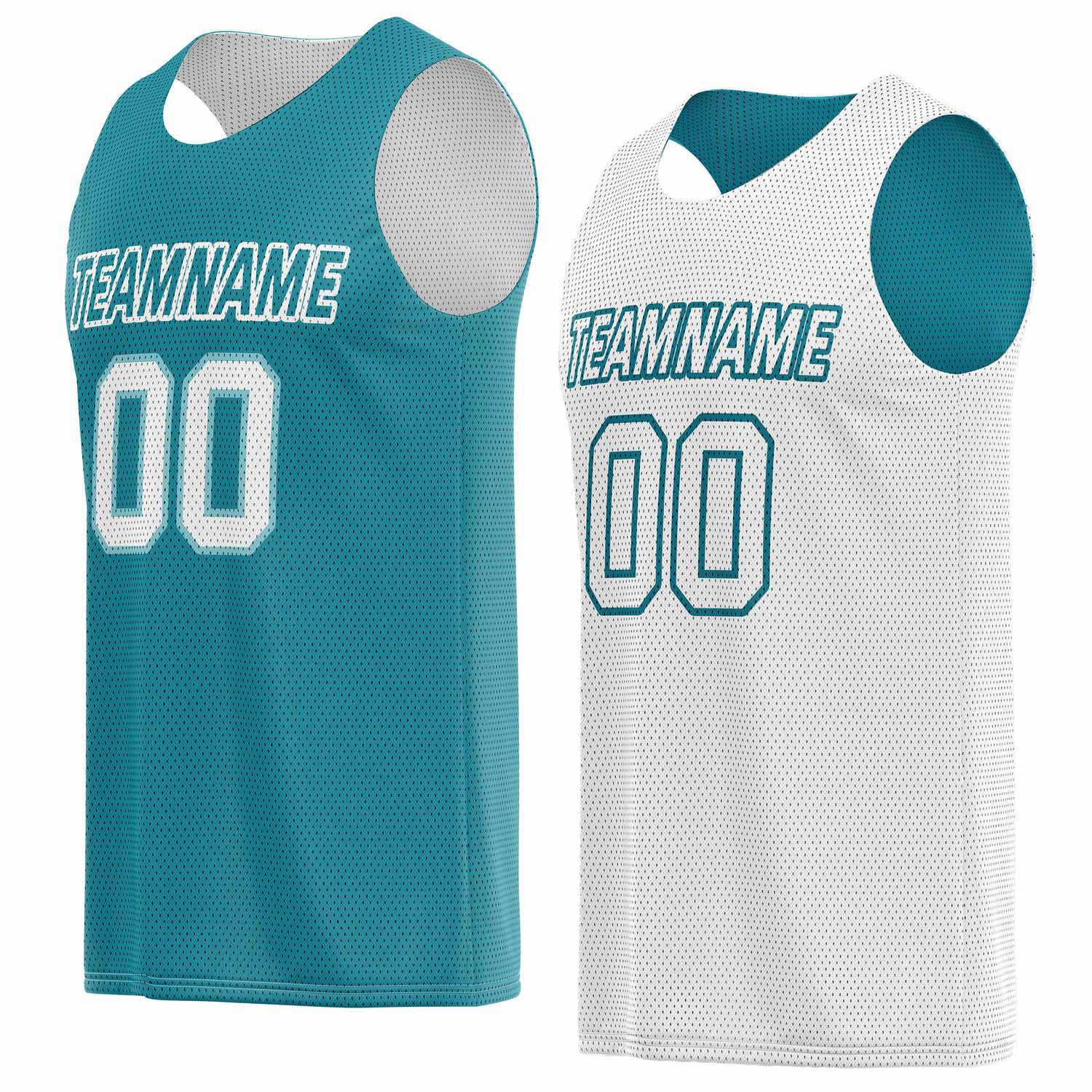 Custom reversible teal & white basketball jersey, personalized team name number logo breathable mesh sports top for men women youth game practice wear - Vosoli