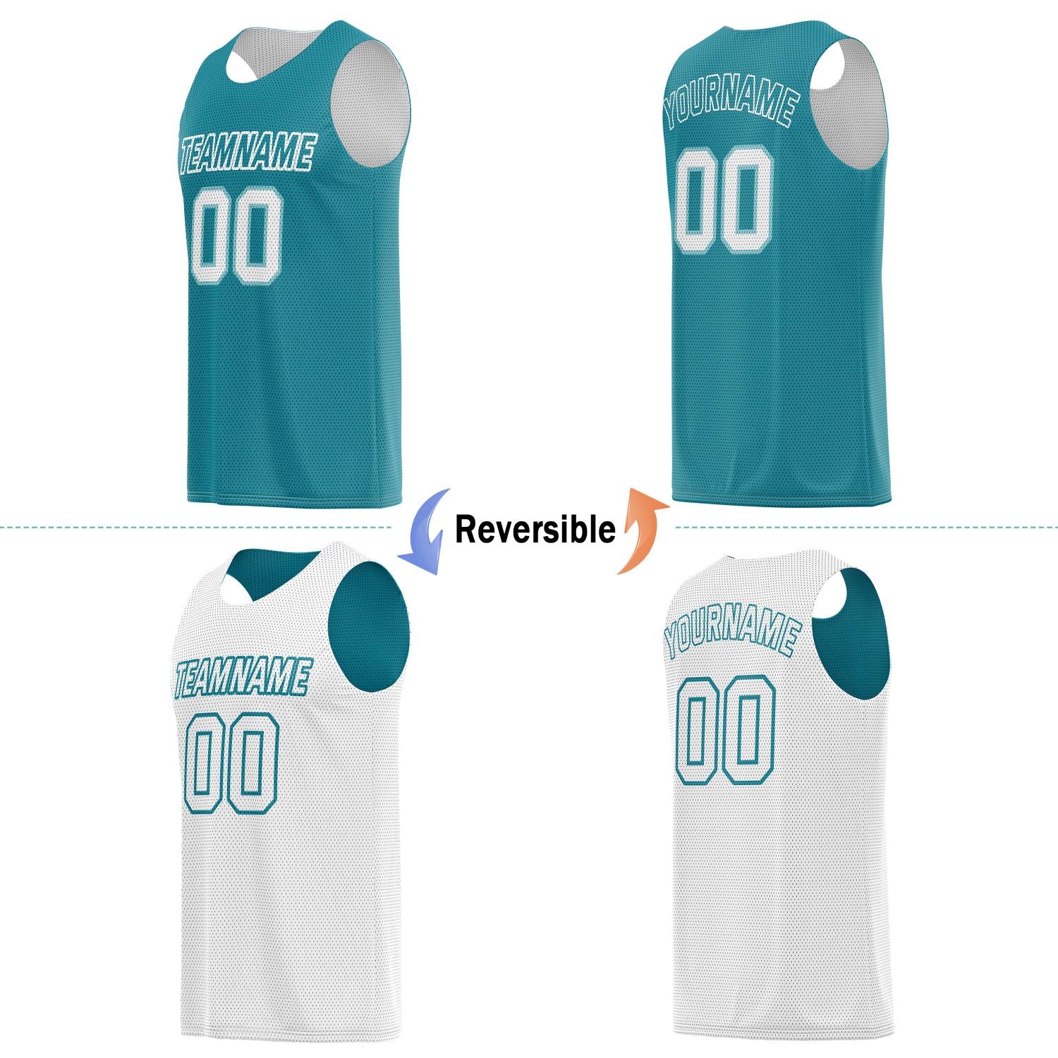 Custom reversible teal & white basketball jersey, personalized team name number logo breathable mesh sports top for men women youth game practice wear - Vosoli