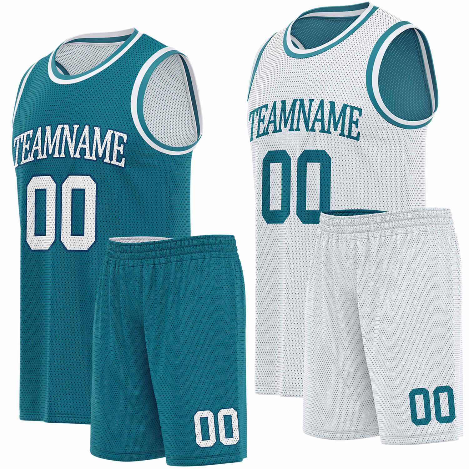 Custom reversible teal & white basketball uniform set, personalized team name number logo breathable mesh sports jersey and shorts for men women youth game practice - Vosoli