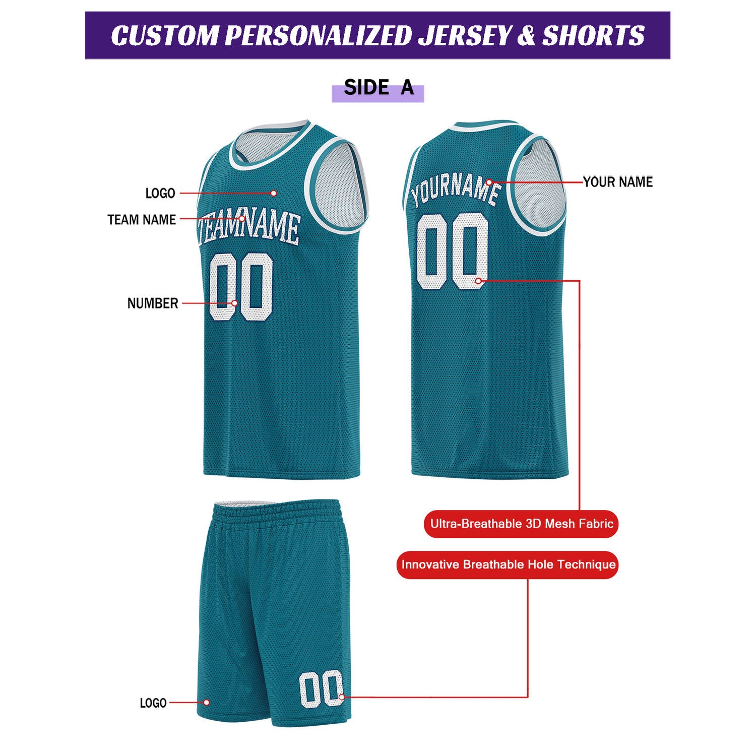 Custom reversible teal & white basketball uniform set, personalized team name number logo breathable mesh sports jersey and shorts for men women youth game practice - Vosoli