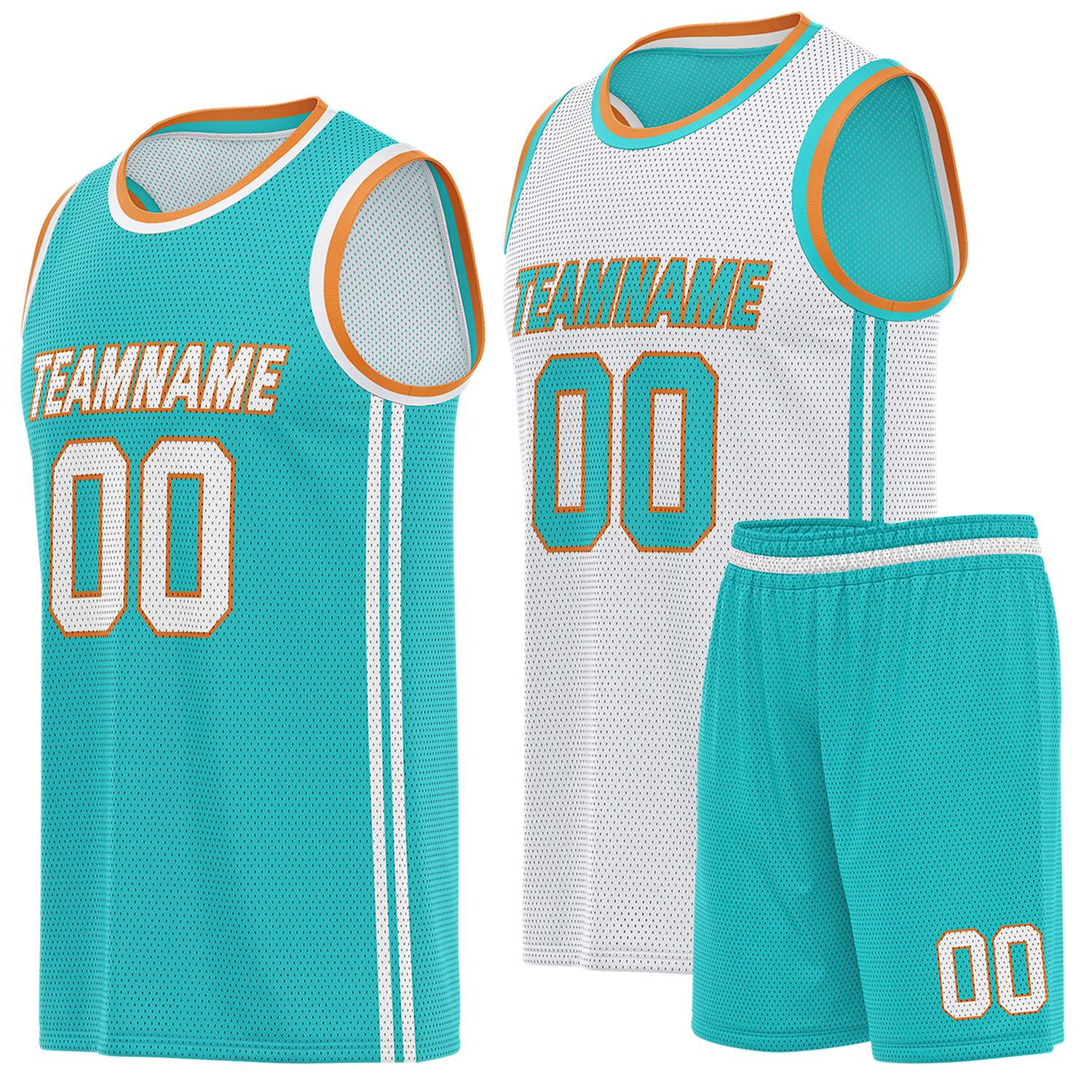 Custom reversible teal & white basketball uniform (jersey + shorts), personalized team name number logo breathable mesh sports set for men women youth game practice - Vosoli