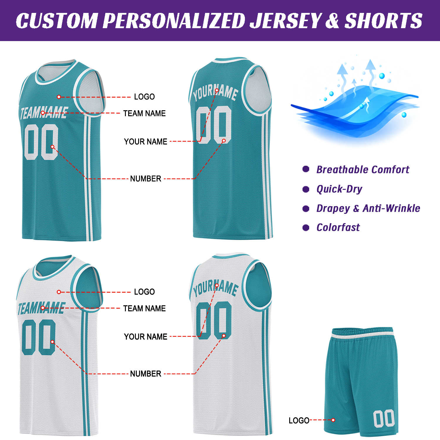 Custom reversible teal & white basketball uniform (jersey + shorts), personalized team name number logo breathable mesh sports set for men women youth game practice - Vosoli