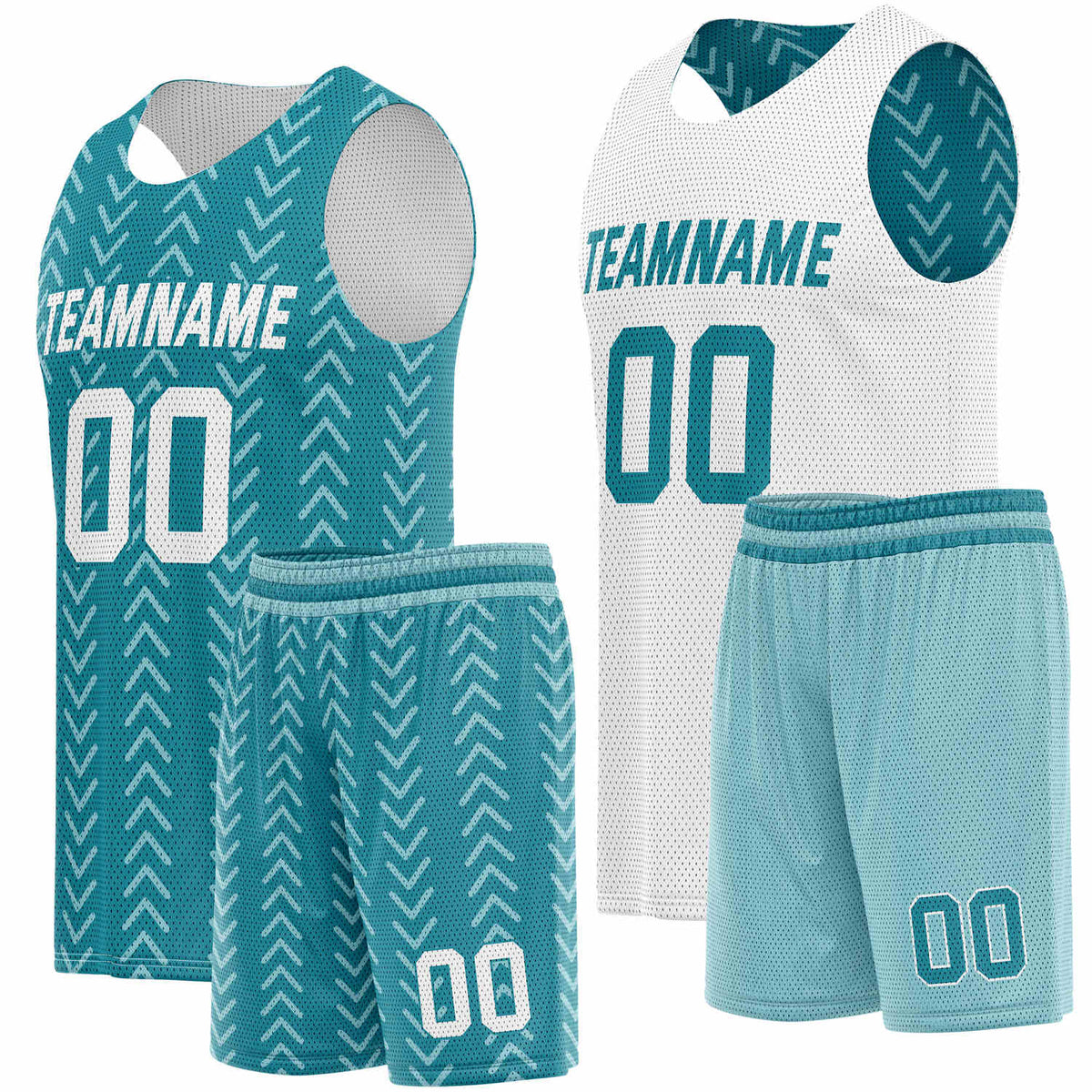 Custom Reversible Basketball Jersey + Shorts Set (Teal &amp; White Chevron) - Personalized Team Name, Number &amp; LOGO | Vosoli