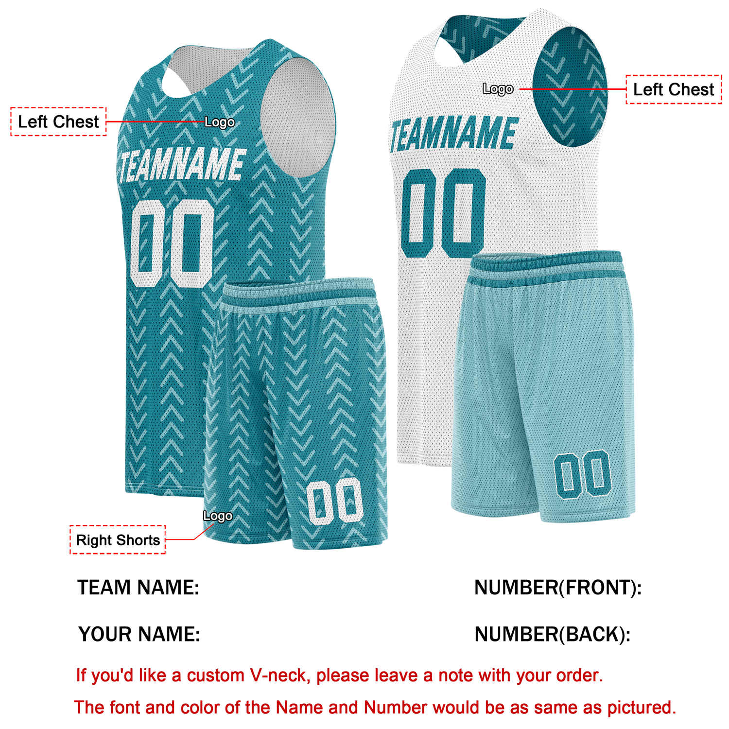 Custom Reversible Basketball Jersey + Shorts Set (Teal & White Chevron) - Personalized Team Name, Number & LOGO | Vosoli