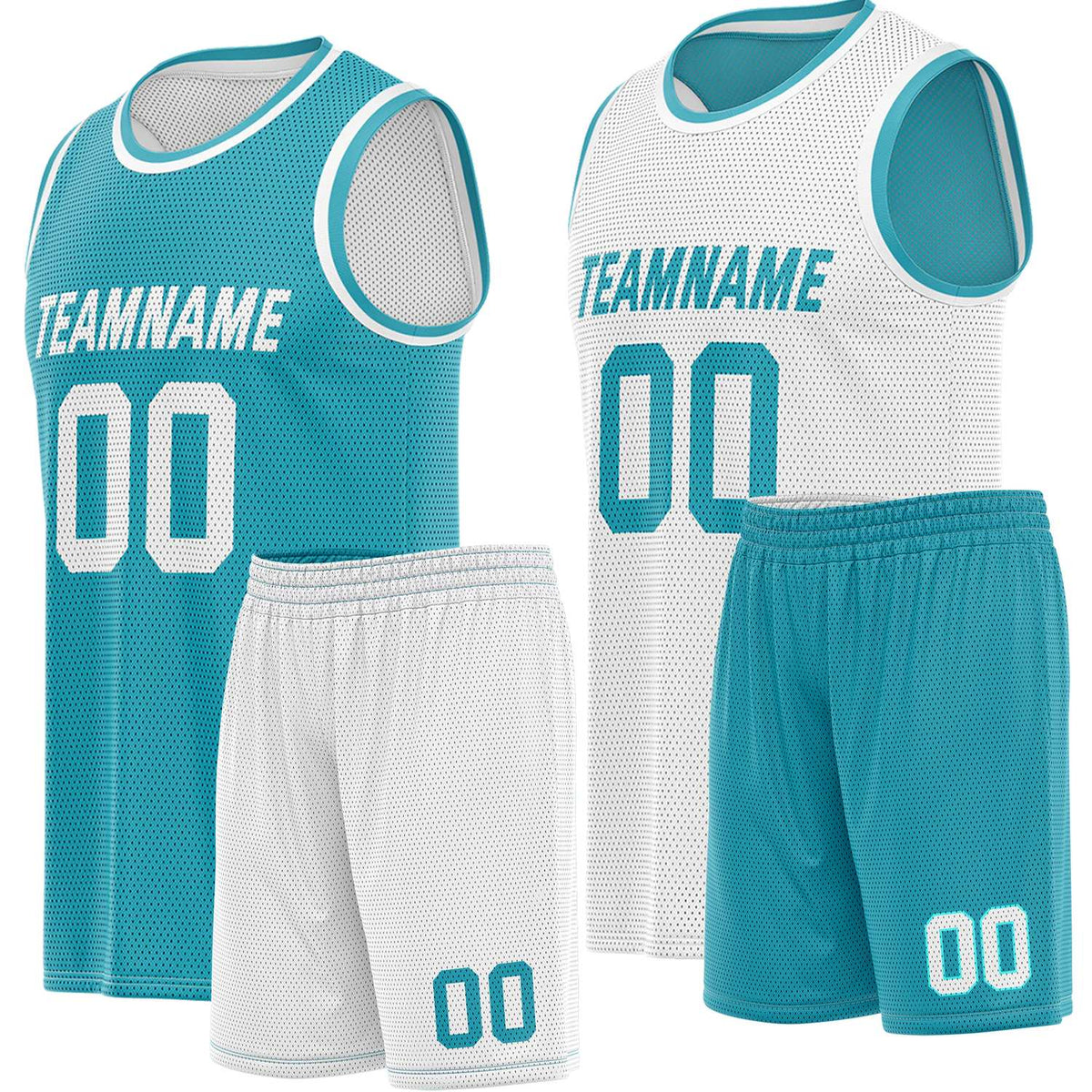 Custom reversible teal &amp; white basketball uniform, personalized team name number Logo breathable Mesh sports set for men women youth Adult game practice - Vosoli