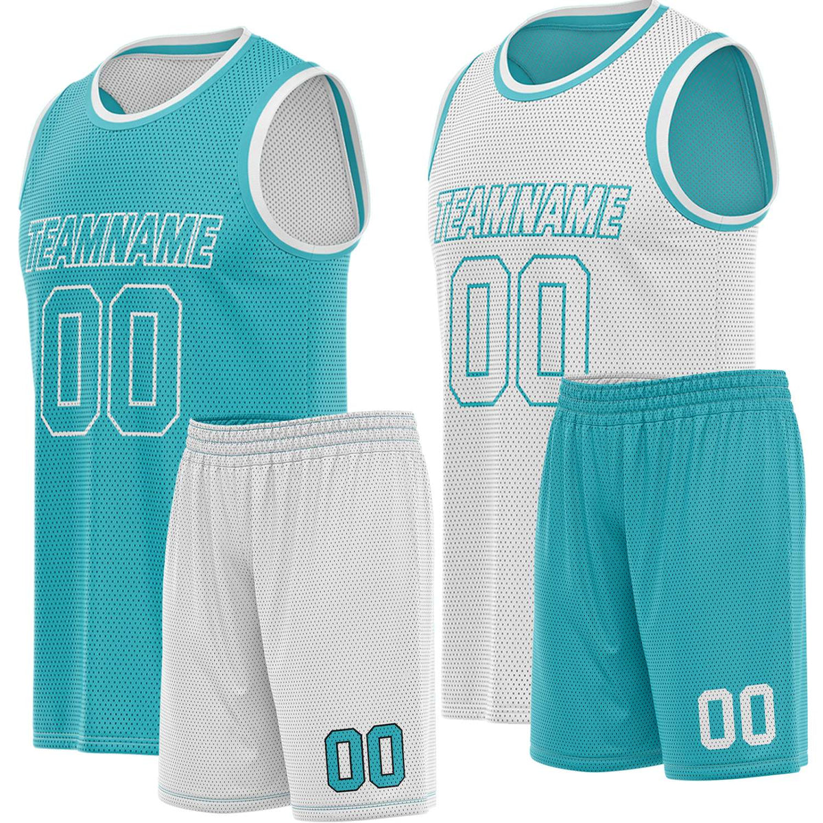 Custom reversible teal &amp; white basketball uniform, personalized team name number Logo breathable Mesh sports set for men women youth Adult game practice - Vosoli