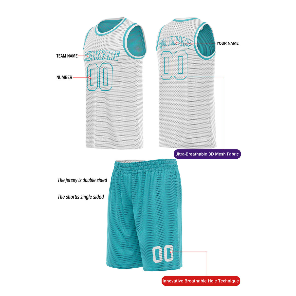 Custom Reversible Teal & White Basketball Uniform (Jersey + Shorts) | Personalized Team Set | Vosoli