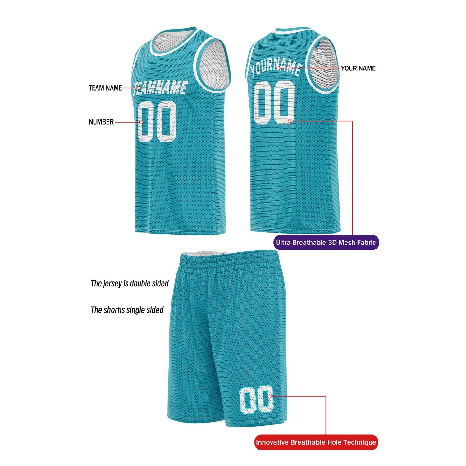 Custom Reversible Teal & White Basketball Uniform (Jersey + Shorts) | Personalized Team Set | Vosoli