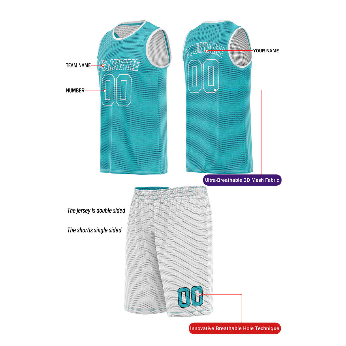 Custom Reversible Teal & White Basketball Uniform (Jersey + Shorts) | Personalized Team Set | Vosoli
