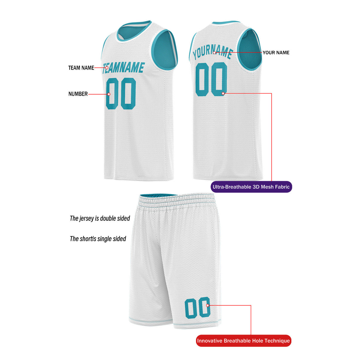 Custom Reversible Teal & White Basketball Uniform (Jersey + Shorts) | Personalized Team Set | Vosoli