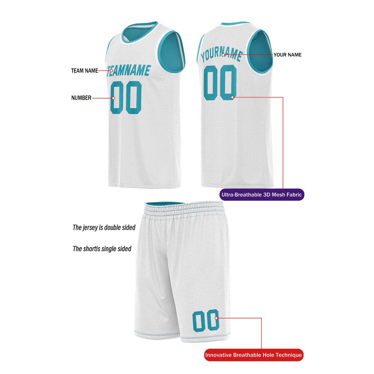 Custom Reversible Teal & White Basketball Uniform (Jersey + Shorts) | Personalized Team Set | Vosoli