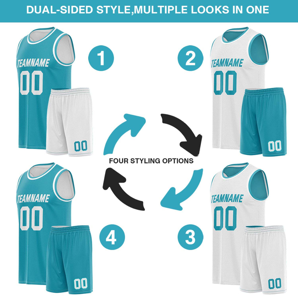 Custom Reversible Teal & White Basketball Uniform (Jersey + Shorts) | Personalized Team Set | Vosoli