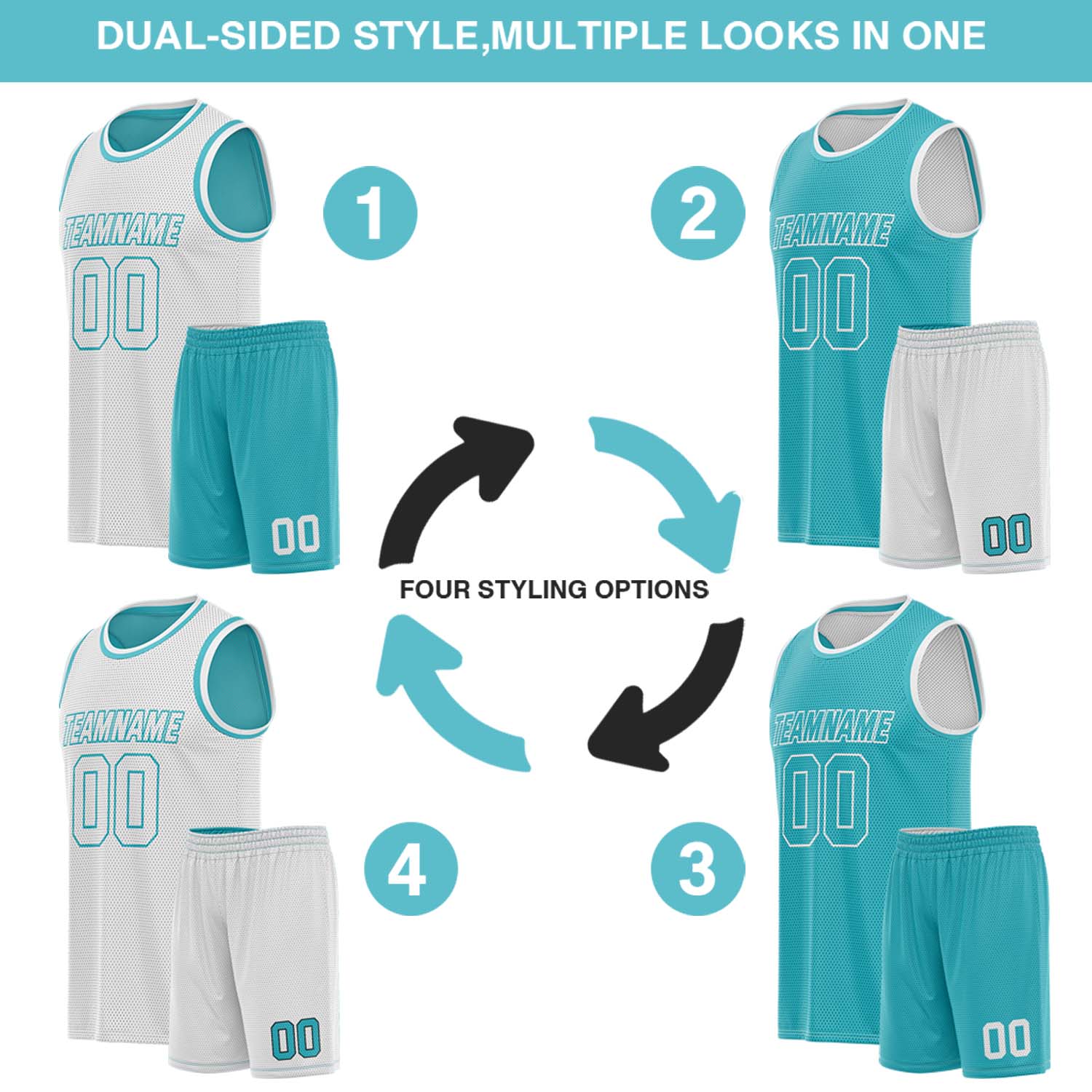 Custom reversible teal & white basketball uniform, personalized team name number Logo breathable Mesh sports set for men women youth Adult game practice - Vosoli