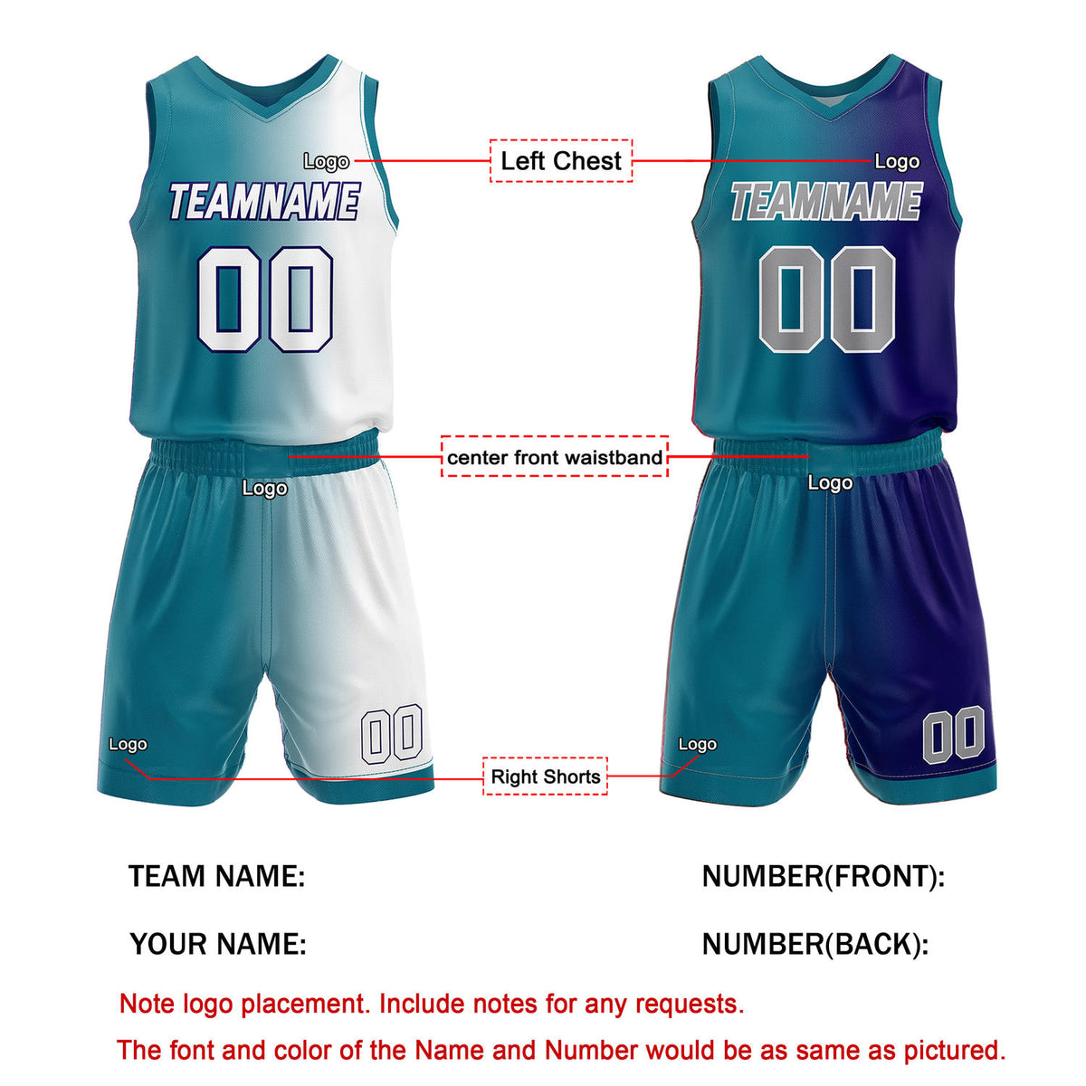 Custom Reversible Teal White Purple Basketball Uniform Set | Team & Player Name - Vosoli