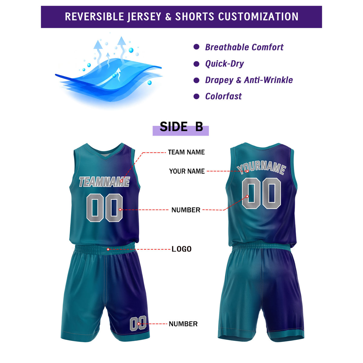 Custom Reversible Teal White Purple Basketball Uniform Set | Team & Player Name - Vosoli