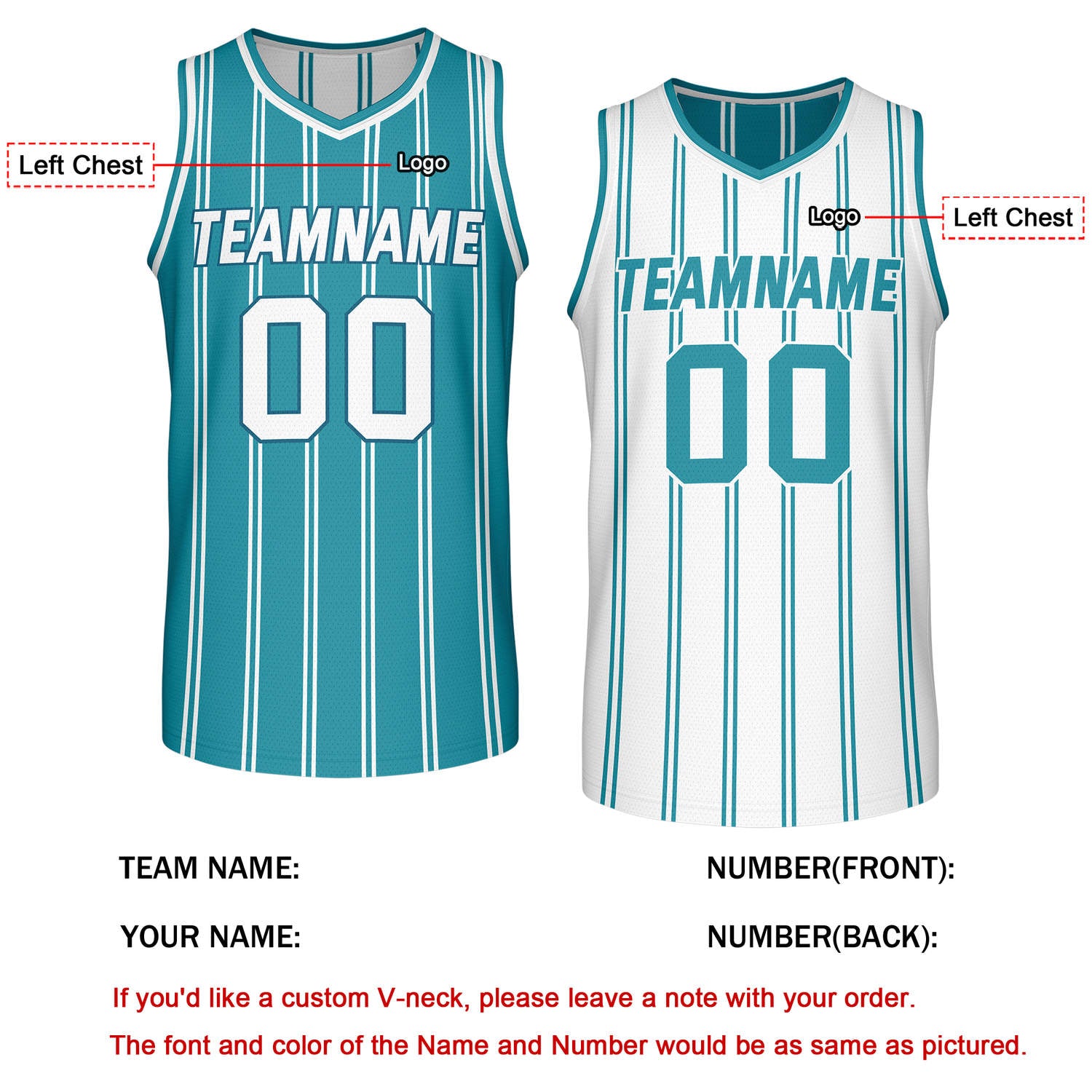 Custom Reversible Teal White Striped Basketball Jersey | Team Name & Number - Vosoli