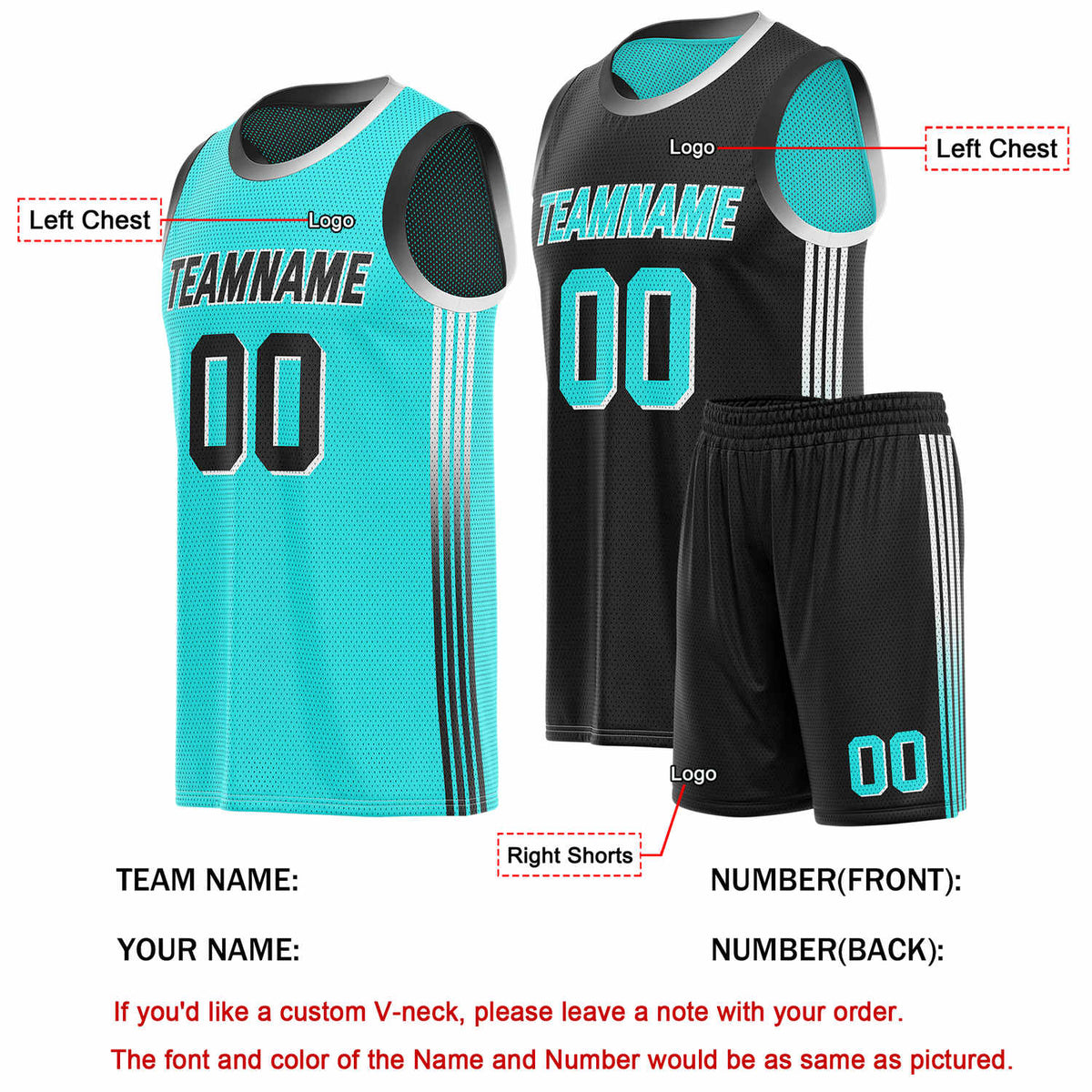 Custom Reversible Turquoise Black Basketball Uniform Set | Team & Player Name - Vosoli